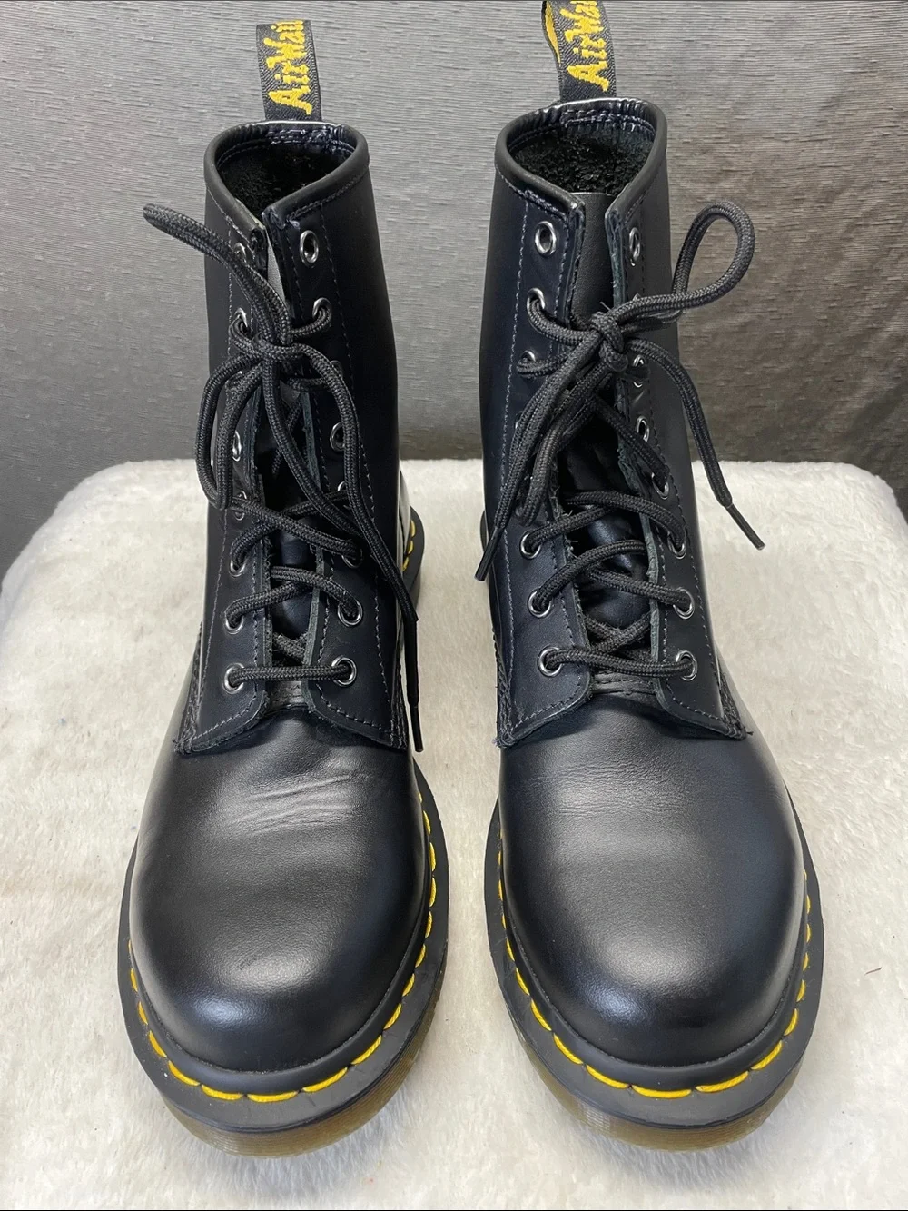 Dr. Martens‎ 11821 Black Leather 8-Eye Lace-Up Boots with Yellow Stitching